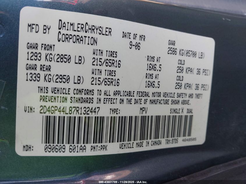 2007 Dodge Grand Caravan Sxt VIN: 2D4GP44L87R132447 Lot: 43801789