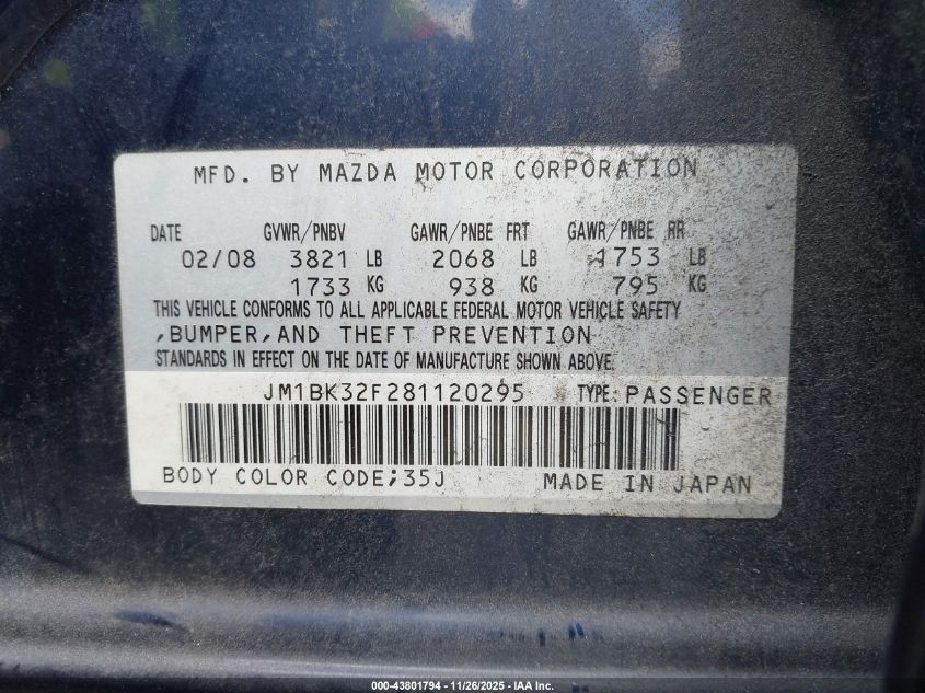 2008 Mazda Mazda3 I Touring Value VIN: JM1BK32F281120295 Lot: 43801794