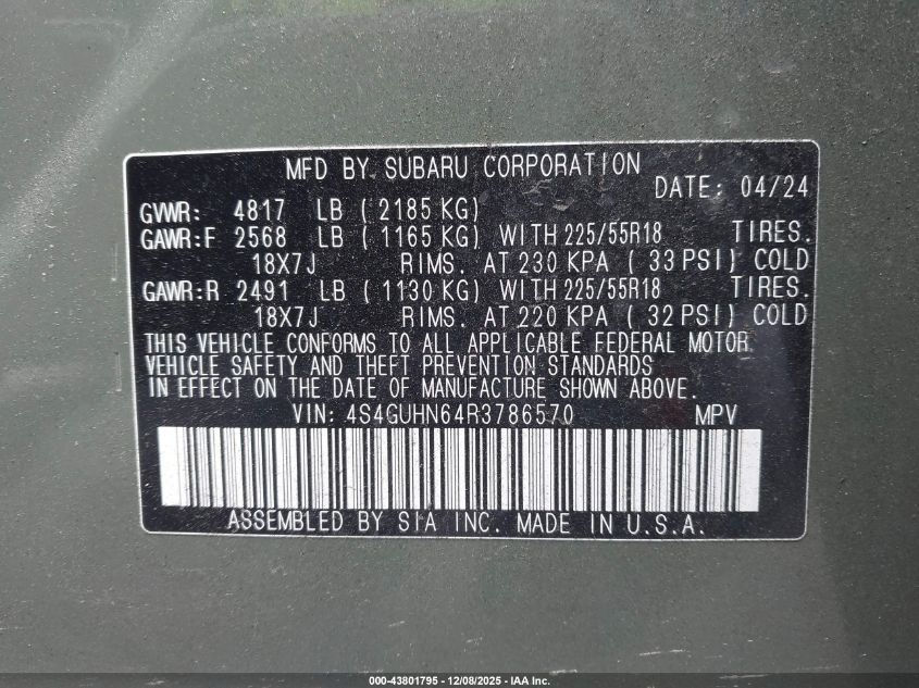 2024 Subaru Crosstrek Limited VIN: 4S4GUHN64R3786570 Lot: 43801795