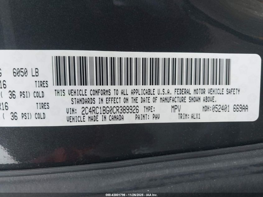 2012 Chrysler Town & Country Touring VIN: 2C4RC1BG0CR389926 Lot: 43801796