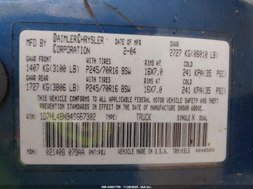 2004 Dodge Dakota Slt VIN: 1D7HL48N94S657302 Lot: 43801799