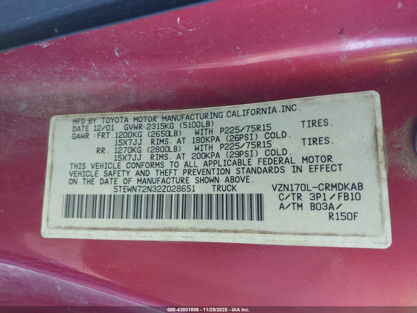 2002 Toyota Tacoma Base V6 VIN: 5TEWN72N32Z028651 Lot: 43801806