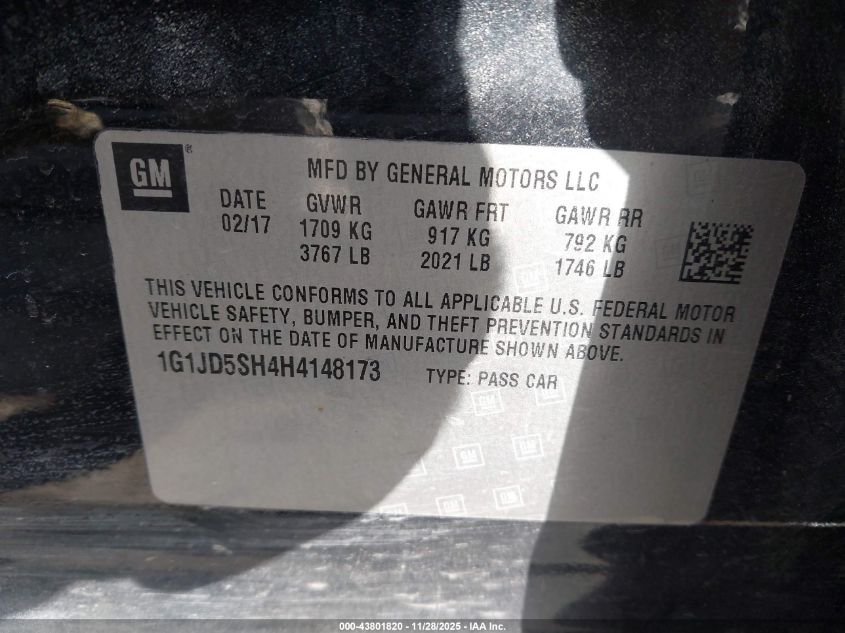 2017 Chev Sonic Lt Automatic Lt Auto VIN: 1G1JD5SH4H4148173 Lot: 43801820