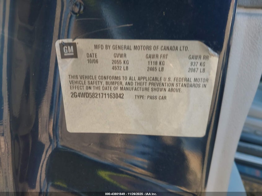 2007 Buick Lacrosse Cxl VIN: 2G4WD582171163042 Lot: 43801849