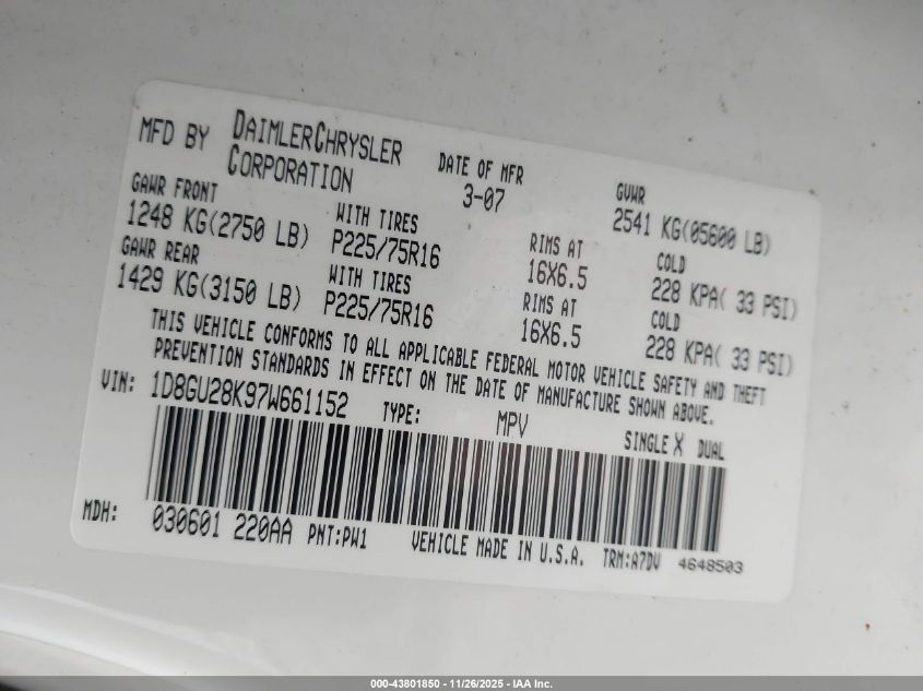 2007 Dodge Nitro Sxt VIN: 1D8GU28K97W661152 Lot: 43801850