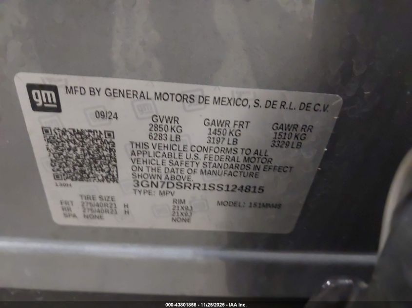 2025 Chevrolet Equinox Ev Rs VIN: 3GN7DSRR1SS124815 Lot: 43801858