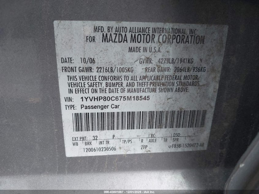 2007 Mazda Mazda6 I Sport VIN: 1YVHP80C675M18545 Lot: 43801867