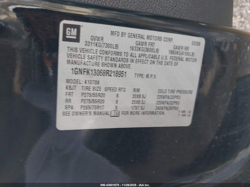 2008 Chevrolet Tahoe Ltz VIN: 1GNFK13068R218951 Lot: 43801870