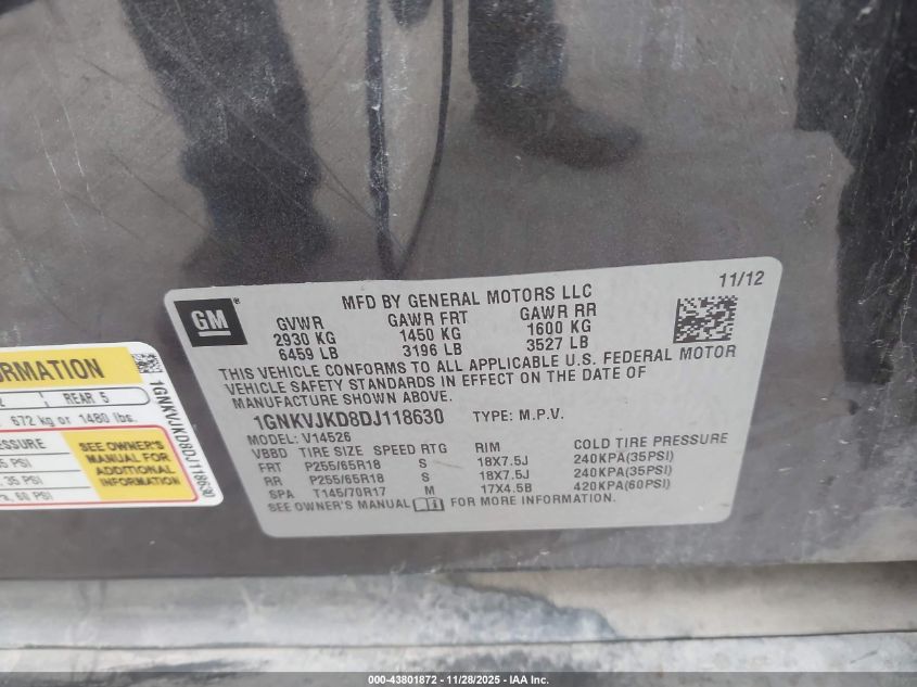 2013 Chevrolet Traverse 2Lt VIN: 1GNKVJKD8DJ118630 Lot: 43801872
