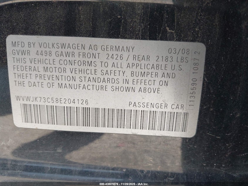 2008 Volkswagen Passat Turbo VIN: WVWJK73C58E204126 Lot: 43801876