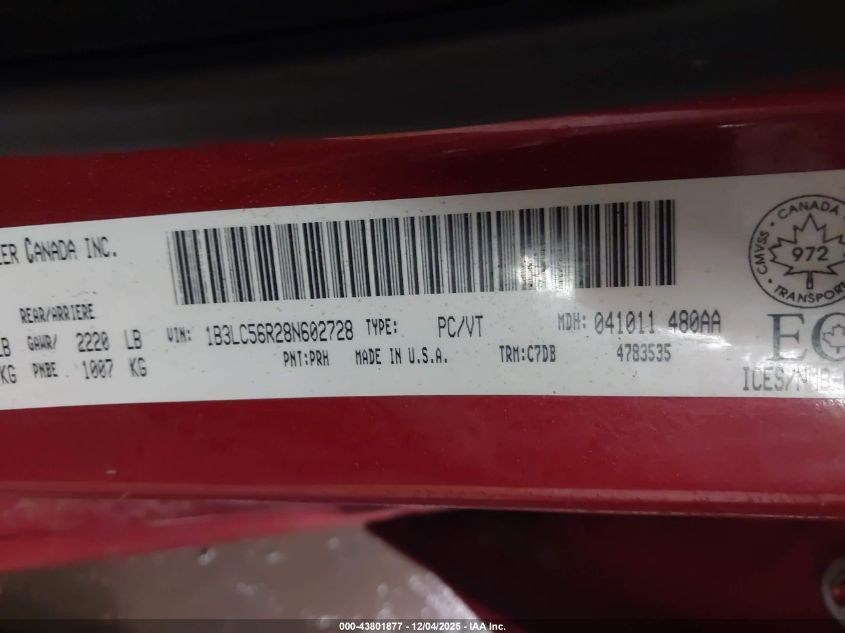 2008 Dodge Avenger Sxt VIN: 1B3LC56R28NG02728 Lot: 43801877