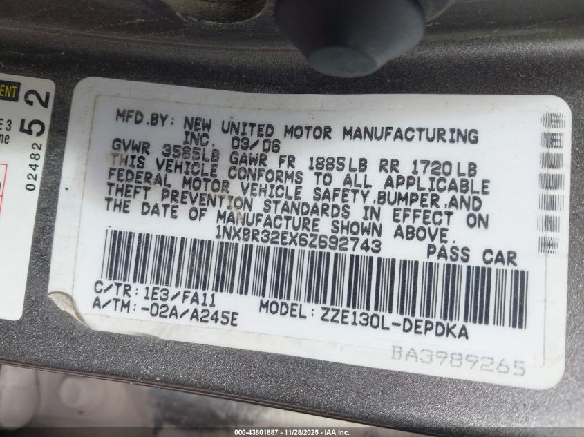 2006 Toyota Corolla Ce VIN: 1NXBR32EX6Z692743 Lot: 43801887