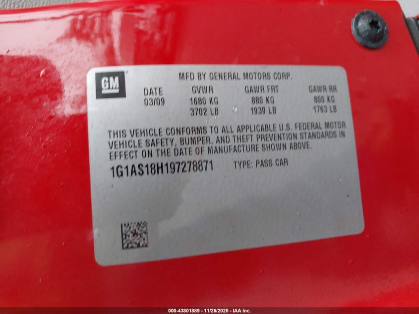 2009 Chevrolet Cobalt Ls VIN: 1G1AS18H197278871 Lot: 43801889