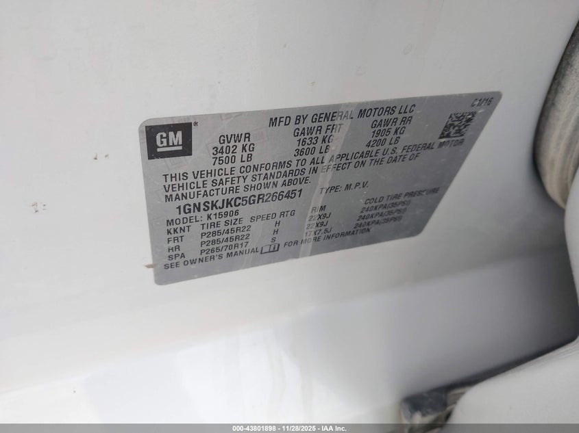 2016 Chevrolet Suburban Ltz VIN: 1GNSKJKC5GR266451 Lot: 43801898