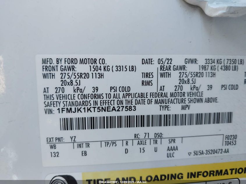 2022 Ford Expedition Max Limited VIN: 1FMJK1KT5NEA27583 Lot: 43801909