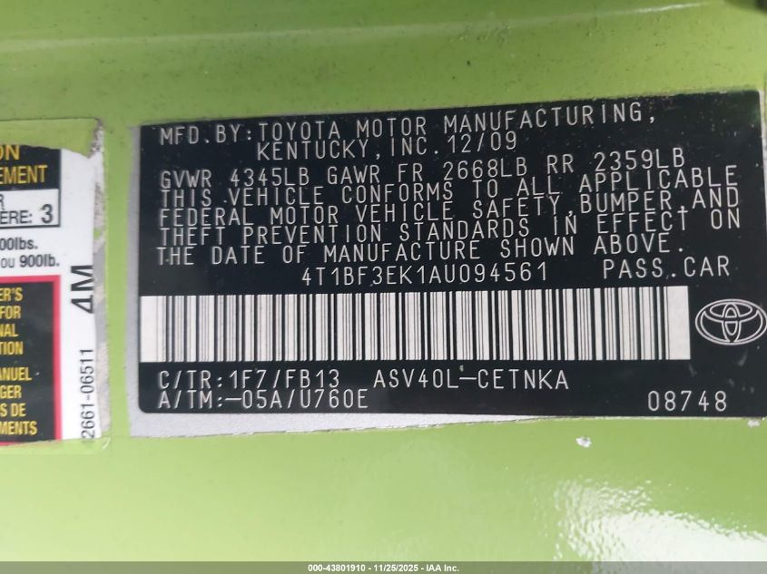 2010 Toyota Camry Le VIN: 4T1BF3EK1AU094561 Lot: 43801910