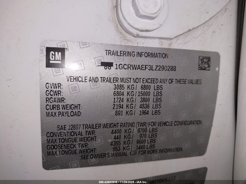 2020 Chevrolet Silverado 1500 2Wd Standard Bed Wt VIN: 1GCRWAEF3LZ290288 Lot: 43801915