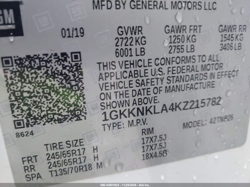 2019 GMC Acadia Sle-1 VIN: 1GKKNKLA4KZ215782 Lot: 43801923