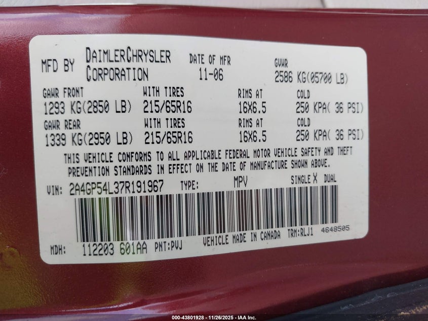 2007 Chrysler Town & Country Touring VIN: 2A4GP54L37R191967 Lot: 43801928