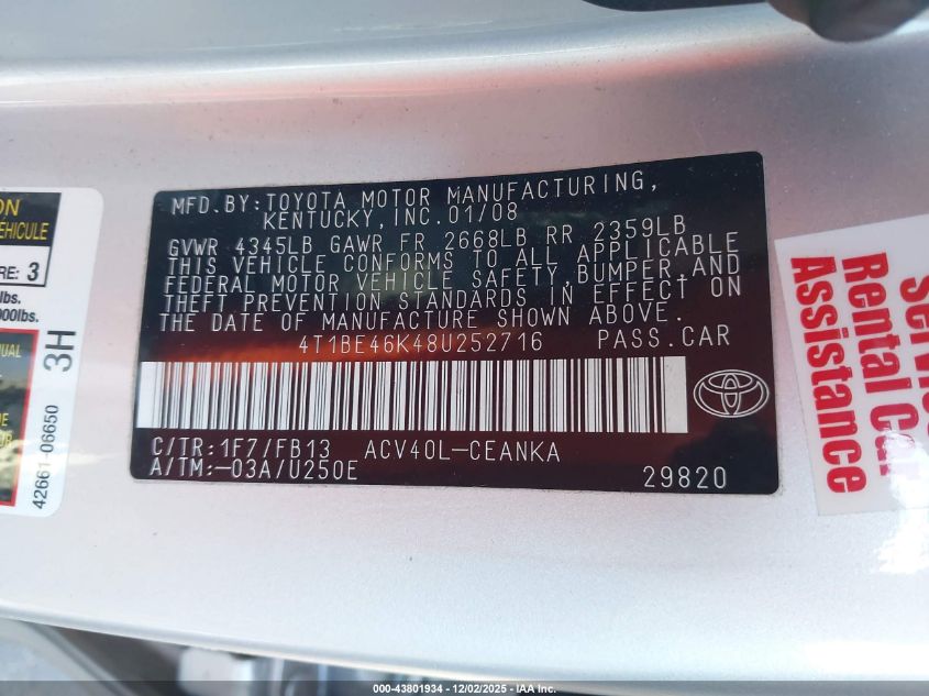 2008 Toyota Camry Le VIN: 4T1BE46K48U252716 Lot: 43801934