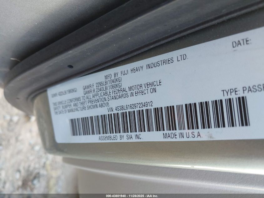 2009 Subaru Legacy 2.5I VIN: 4S3BL616297234912 Lot: 43801940
