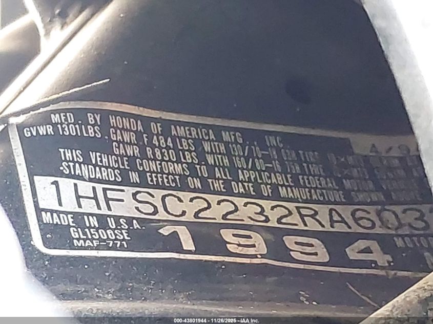 1994 Honda Gl1500 Se VIN: 1HFSC2232RA603399 Lot: 43801944