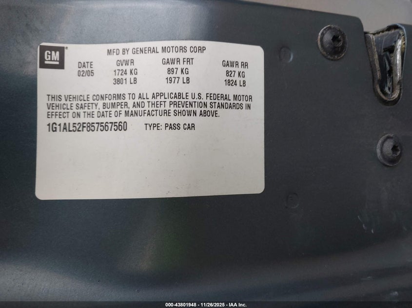 2005 Chevrolet Cobalt Ls VIN: 1G1AL52F857567560 Lot: 43801948
