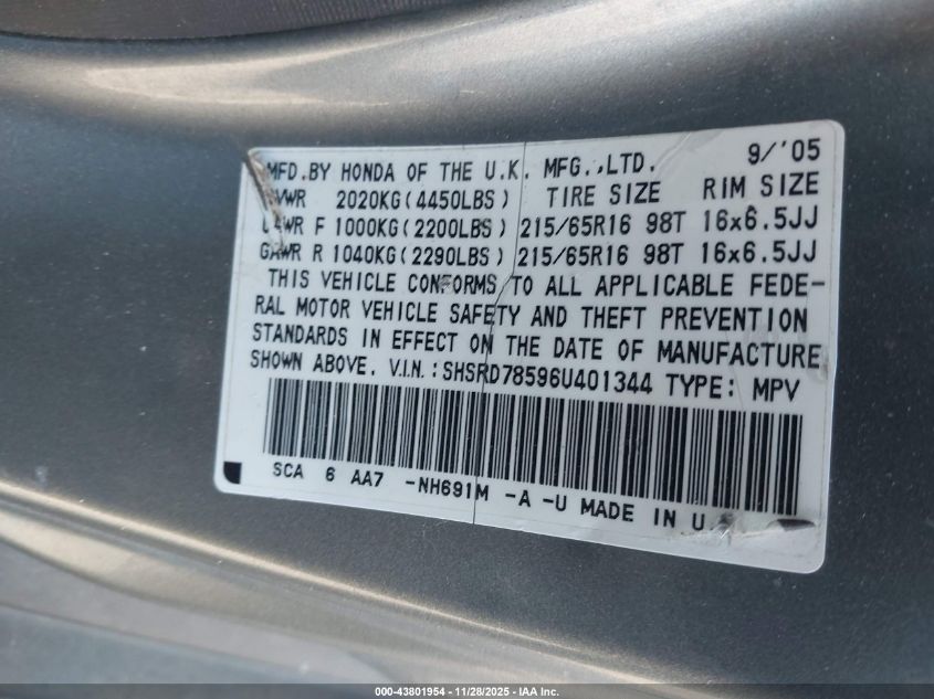 2006 Honda Cr-V Lx VIN: SHSRD78596U401344 Lot: 43801954