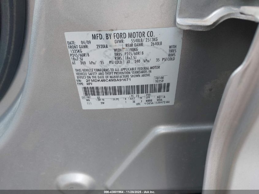 2009 Ford Edge Sel VIN: 2FMDK48C49BA91671 Lot: 43801964