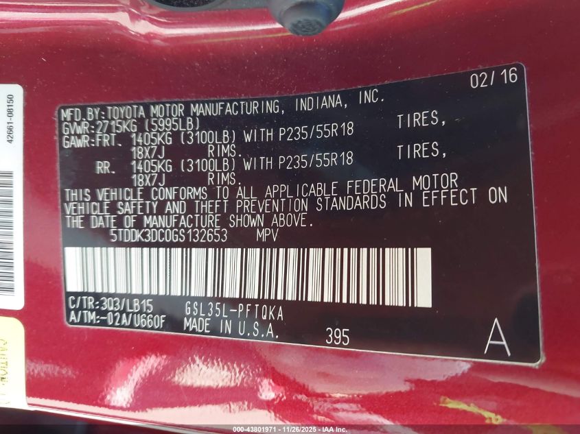 2016 Toyota Sienna Limited Premium 7 Passenger VIN: 5TDDK3DC0GS132653 Lot: 43801971