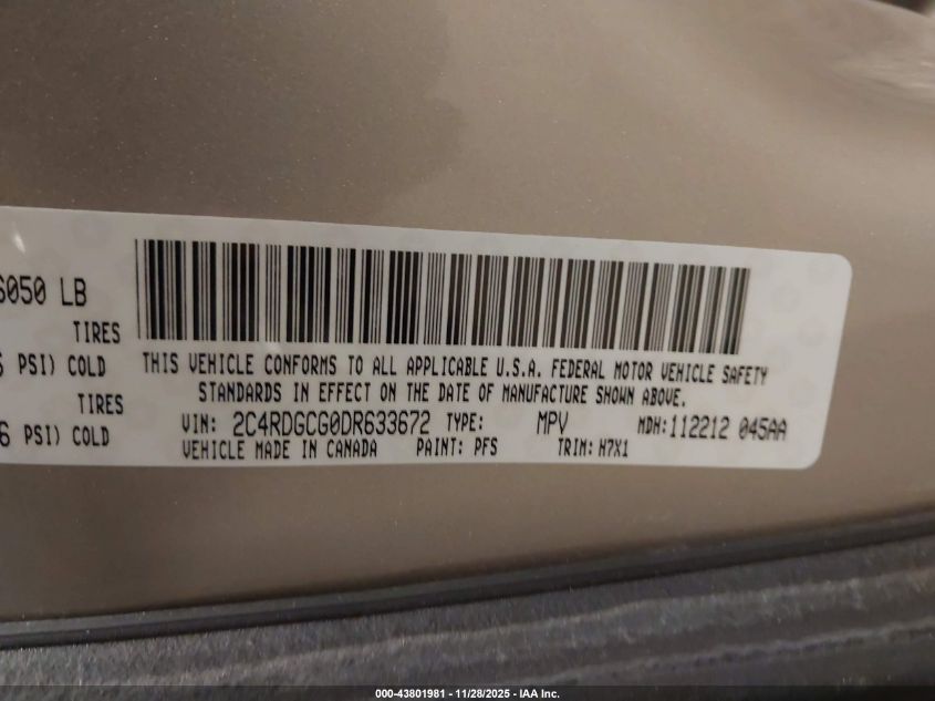 2013 Dodge Grand Caravan Sxt VIN: 2C4RDGCG0DR633672 Lot: 43801981