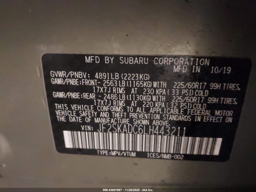 2020 Subaru Forester VIN: JF2SKADC6LH443211 Lot: 43801987