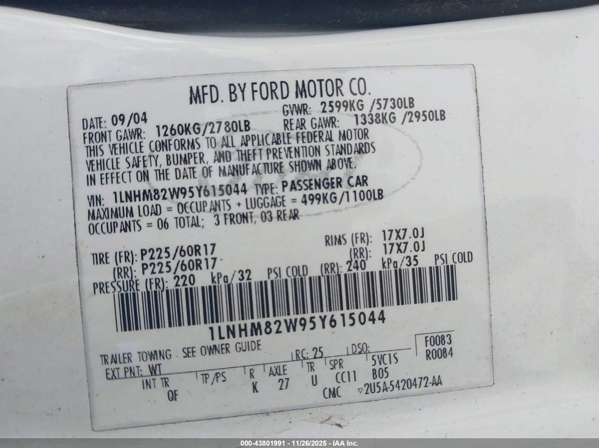 2005 Lincoln Town Car Signature Limited VIN: 1LNHM82W95Y615044 Lot: 43801991