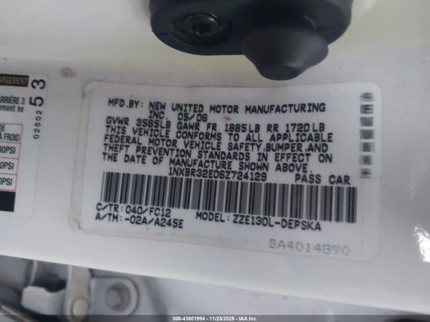 2006 Toyota Corolla S VIN: 1NXBR32E06Z724129 Lot: 43801994