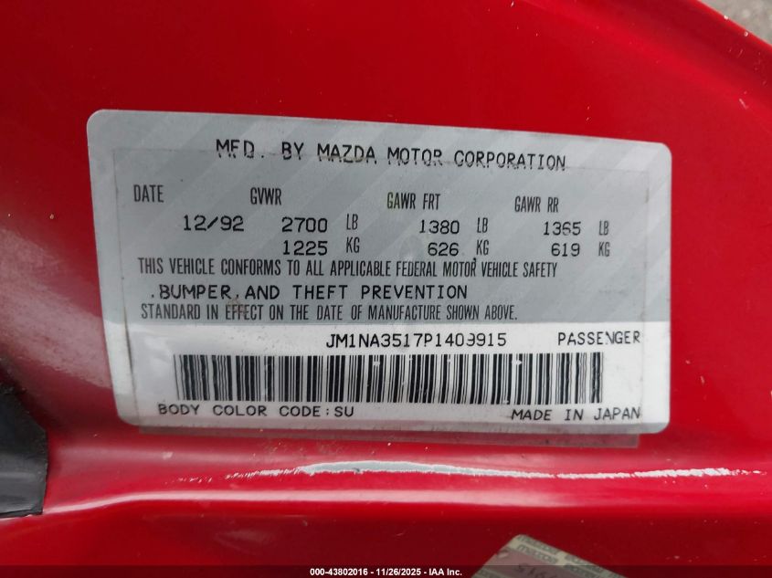 1993 Mazda Mx-5 Miata VIN: JM1NA3517P1409915 Lot: 43802016