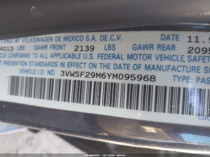 2000 Volkswagen Jetta Gls Tdi VIN: 3VWSF29M6YM095968 Lot: 43802021