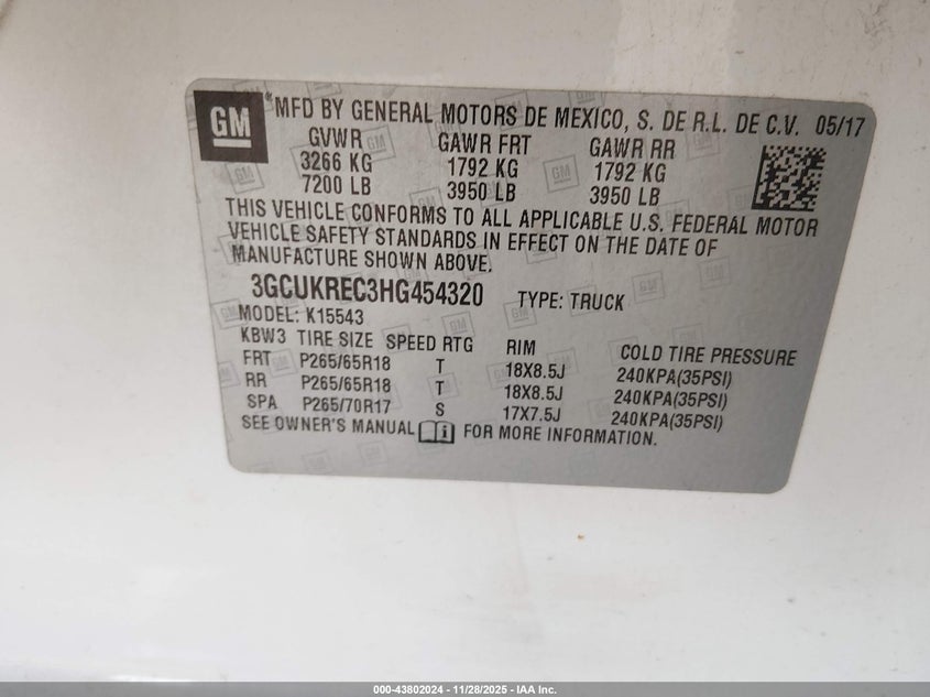 2017 Chevrolet Silverado 1500 2Lt VIN: 3GCUKREC3HG454320 Lot: 43802024