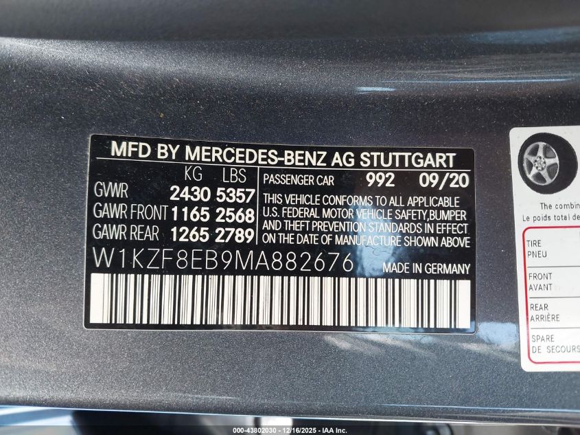 2021 Mercedes-Benz E 350 4Matic VIN: W1KZF8EB9MA882676 Lot: 43802030