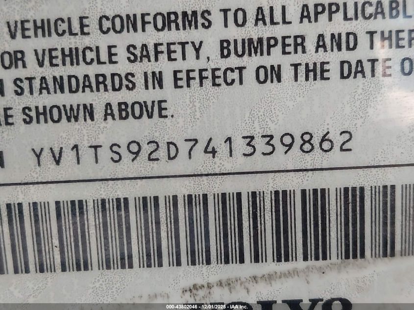 2004 Volvo S80 2.9 VIN: YV1TS92D741339862 Lot: 43802046
