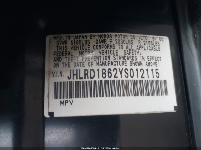 2000 Honda Cr-V Ex VIN: JHLRD1862YS012115 Lot: 43802050