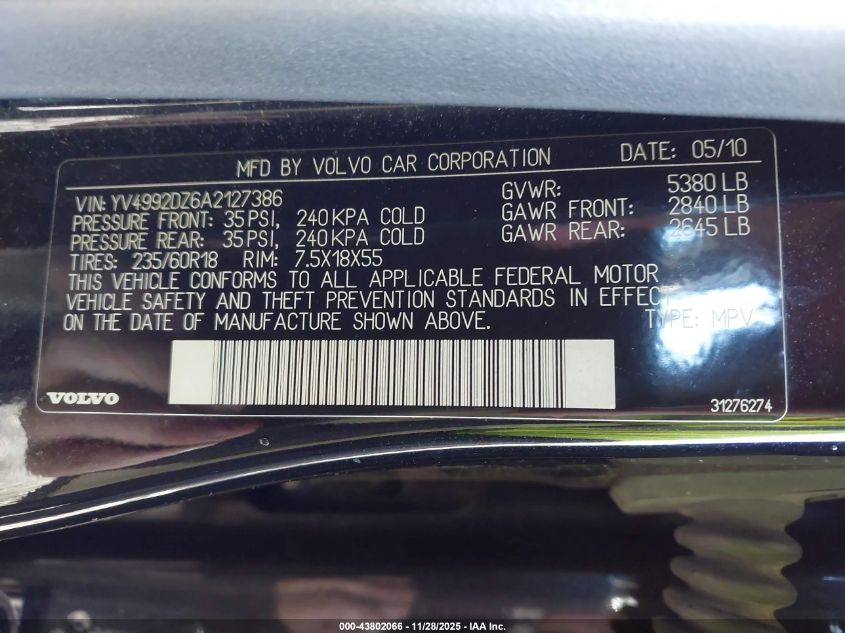 2010 Volvo Xc60 T6/T6 R-Design VIN: YV4992DZ6A2127386 Lot: 43802066