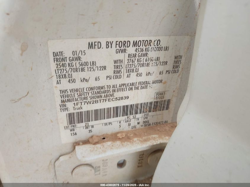 2015 Ford F-250 Xlt VIN: 1FT7W2BT7FEC52839 Lot: 43802075