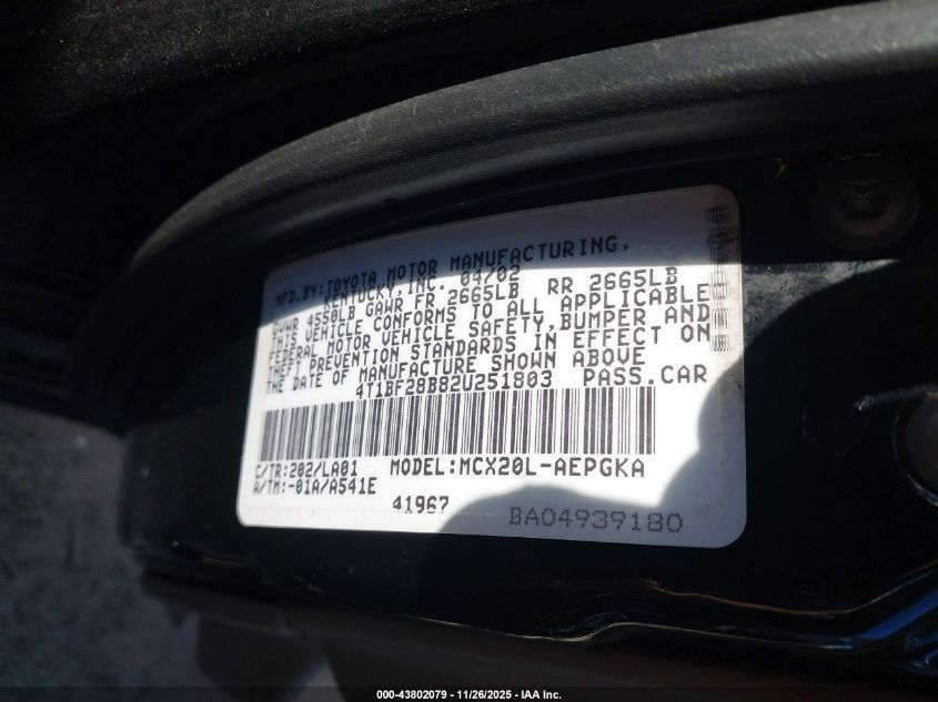 2002 Toyota Avalon Xls VIN: 4T1BF28B82U251803 Lot: 43802079