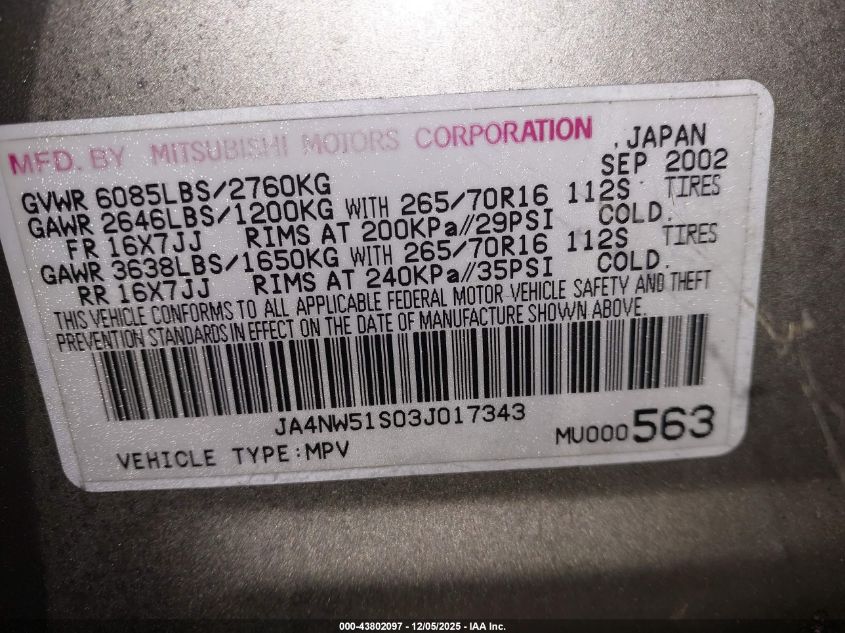 2003 Mitsubishi Montero 20Th Anniversary/Limited VIN: JA4NW51S03J017343 Lot: 43802097