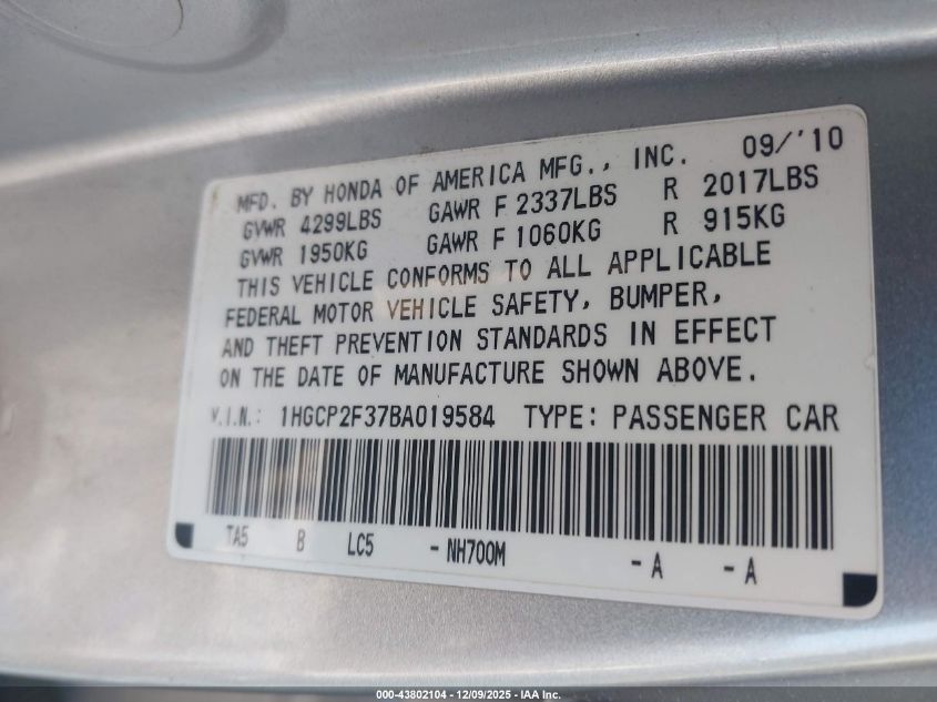 2011 Honda Accord 2.4 Lx VIN: 1HGCP2F37BA019584 Lot: 43802104