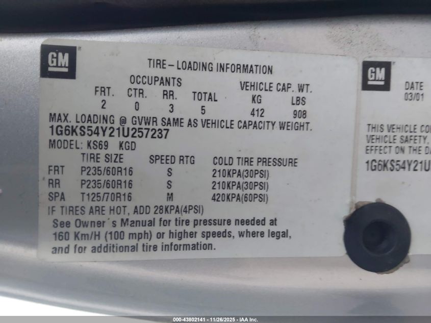 2001 Cadillac Seville Sls W/Tx7 VIN: 1G6KS54Y21U257237 Lot: 43802141