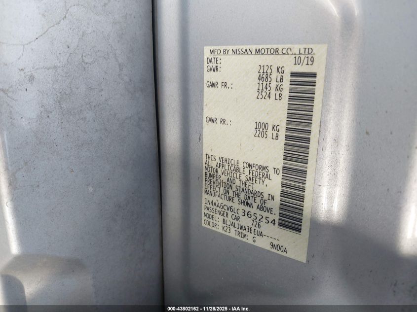 2020 Nissan Maxima Sv Xtronic Cvt VIN: 1N4AA6CV6LC365254 Lot: 43802162