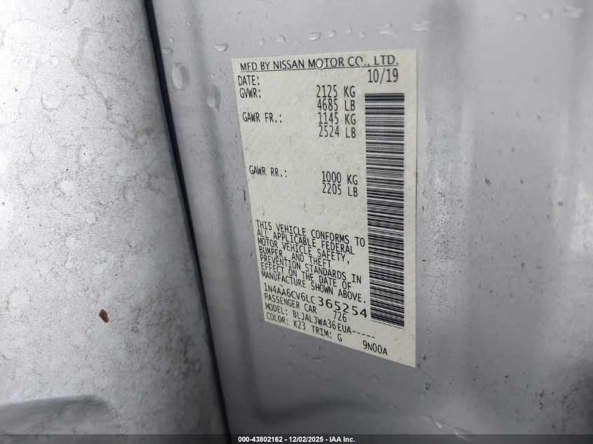 2020 Nissan Maxima Sv Xtronic Cvt VIN: 1N4AA6CV6LC365254 Lot: 43802162