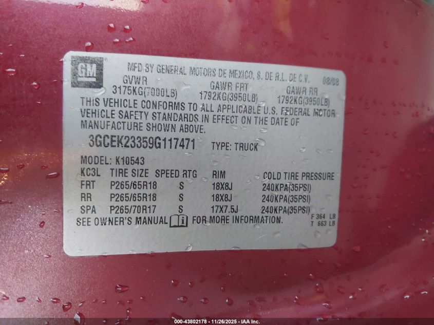 2009 Chevrolet Silverado 1500 Lt VIN: 3GCEK23359G117471 Lot: 43802178