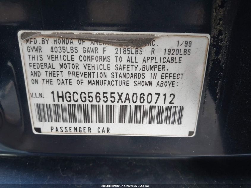 1999 Honda Accord Ex VIN: 1HGCG5655XA060712 Lot: 43802182